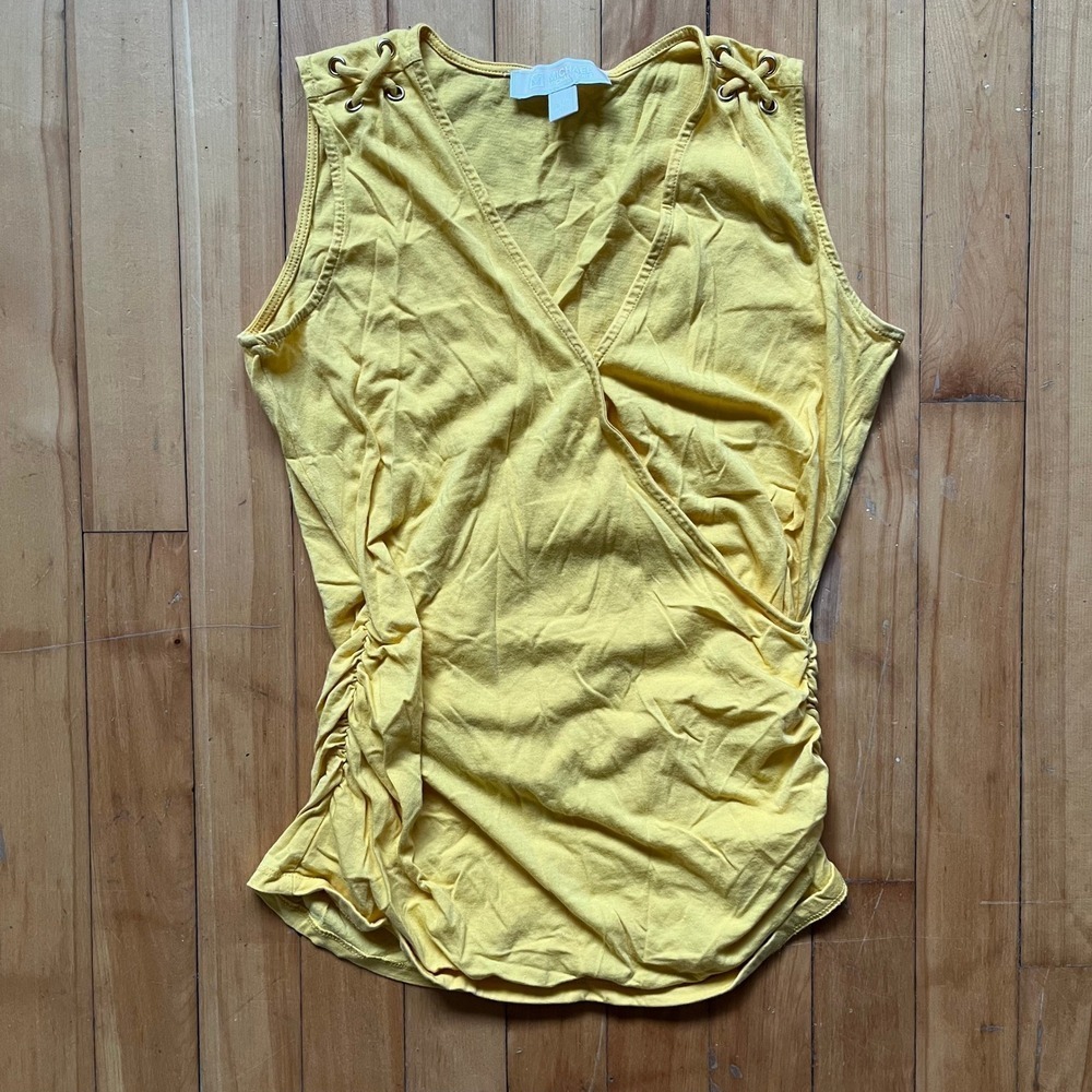 MICHAEL Michael Kors Yellow Sleeveless Ruched Wrap V Neck Tank Top Size S